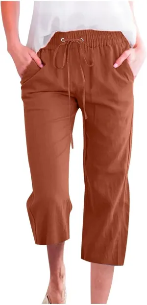 Linen Capri Pants for Women High Waisted Beach Pants Pull on Summer Pants Drawstring Loose Casual Pants with Pockets