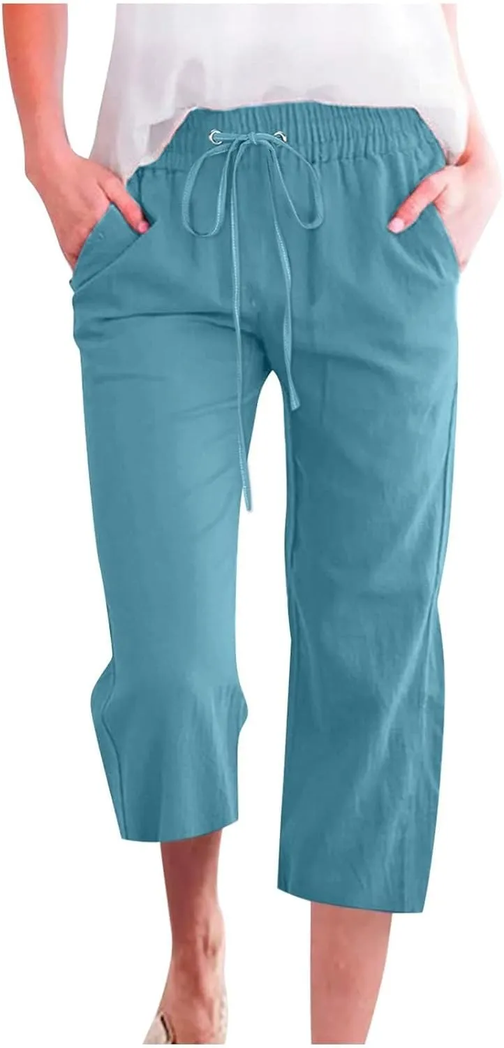 Linen Capri Pants for Women High Waisted Beach Pants Pull on Summer Pants Drawstring Loose Casual Pants with Pockets