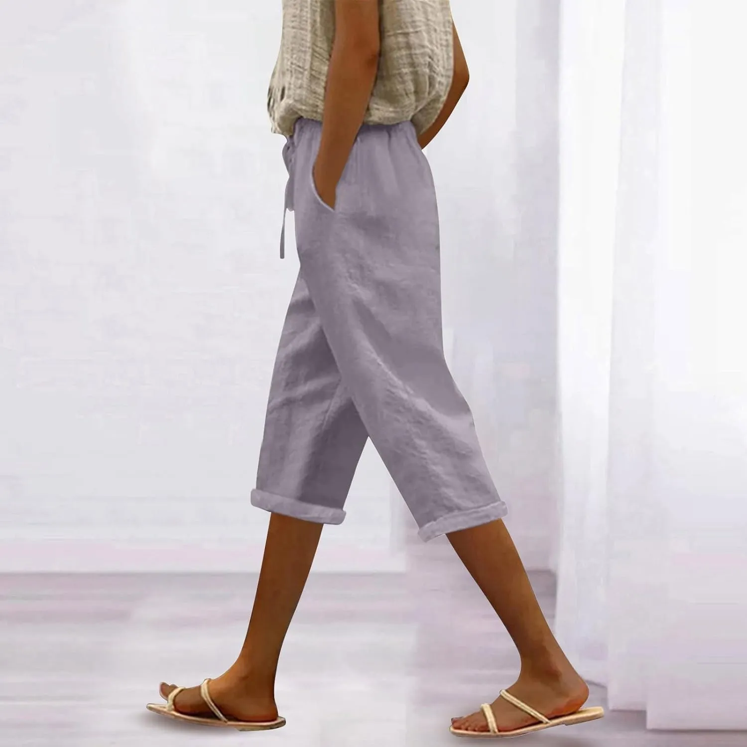 Linen Capri Pants for Women High Waisted Beach Pull on Capris Drawstring Pedal Pushers Casual Summer Pants with Pockets