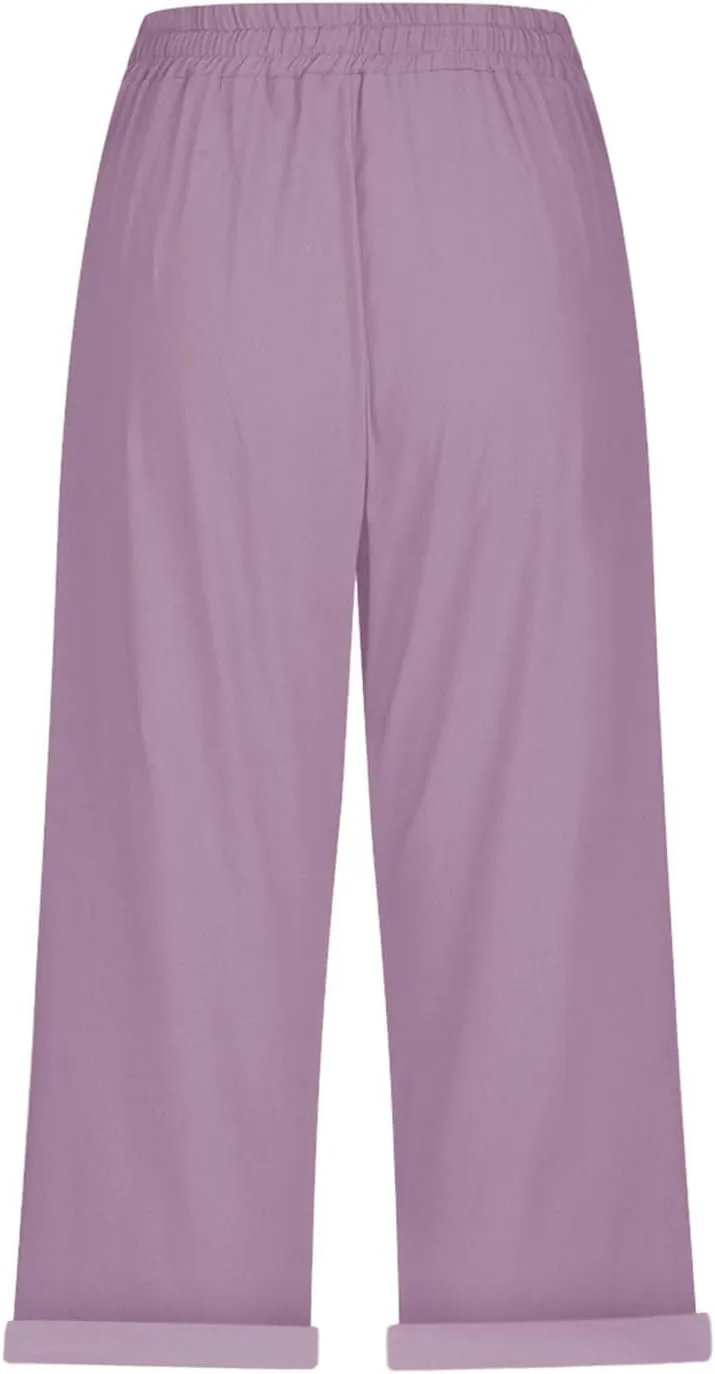 Linen Capri Pants for Women High Waisted Beach Pull on Capris Drawstring Pedal Pushers Casual Summer Pants with Pockets