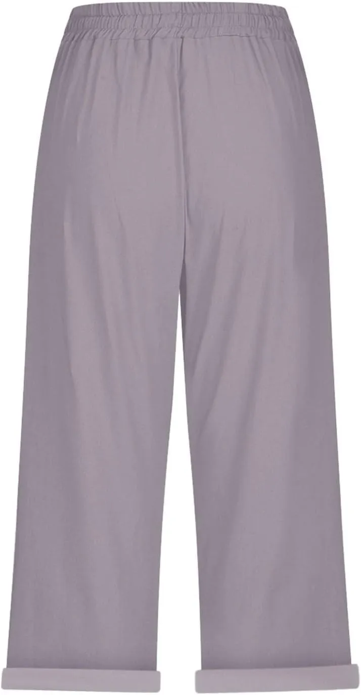 Linen Capri Pants for Women High Waisted Beach Pull on Capris Drawstring Pedal Pushers Casual Summer Pants with Pockets