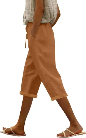 Linen Capri Pants for Women High Waisted Beach Pull on Capris Drawstring Pedal Pushers Casual Summer Pants with Pockets