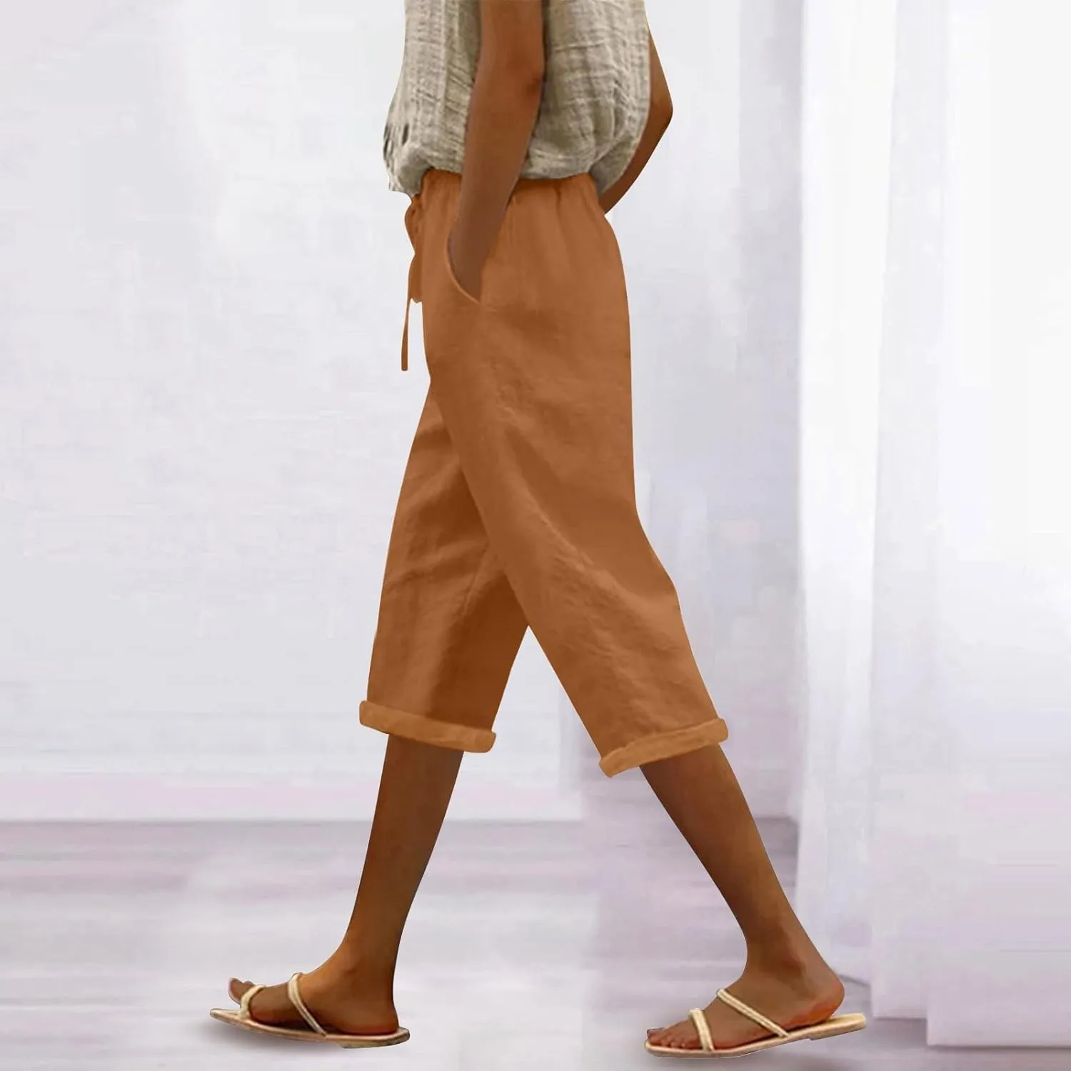 Linen Capri Pants for Women High Waisted Beach Pull on Capris Drawstring Pedal Pushers Casual Summer Pants with Pockets