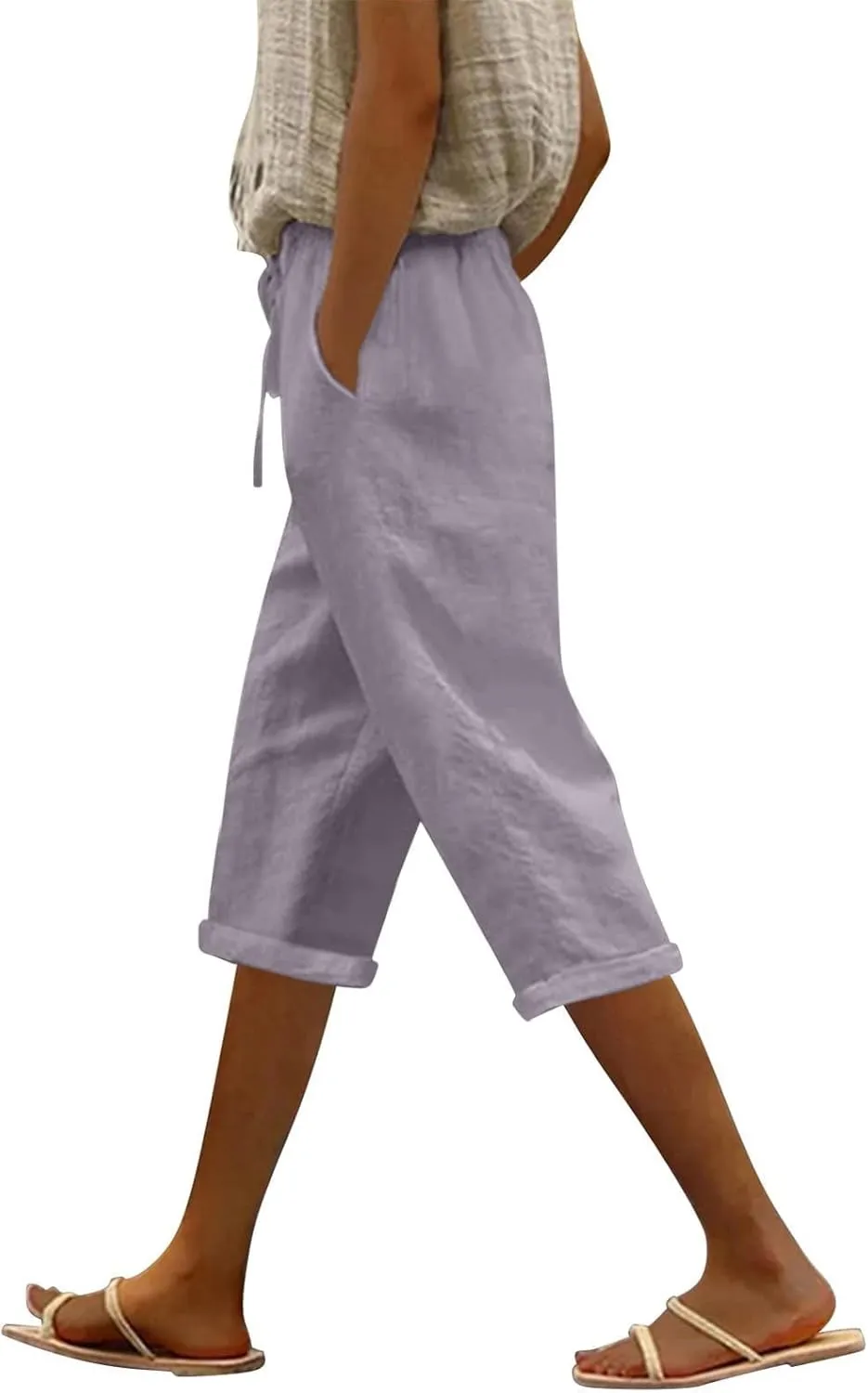 Linen Capri Pants for Women High Waisted Beach Pull on Capris Drawstring Pedal Pushers Casual Summer Pants with Pockets