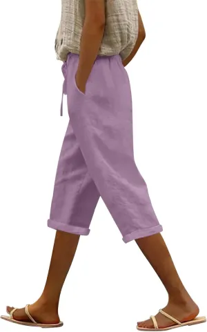 Linen Capri Pants for Women High Waisted Beach Pull on Capris Drawstring Pedal Pushers Casual Summer Pants with Pockets