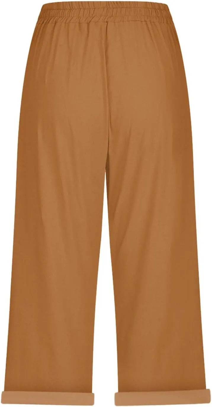 Linen Capri Pants for Women High Waisted Beach Pull on Capris Drawstring Pedal Pushers Casual Summer Pants with Pockets