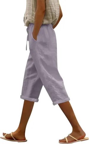 Linen Capri Pants for Women High Waisted Beach Pull on Capris Drawstring Pedal Pushers Casual Summer Pants with Pockets