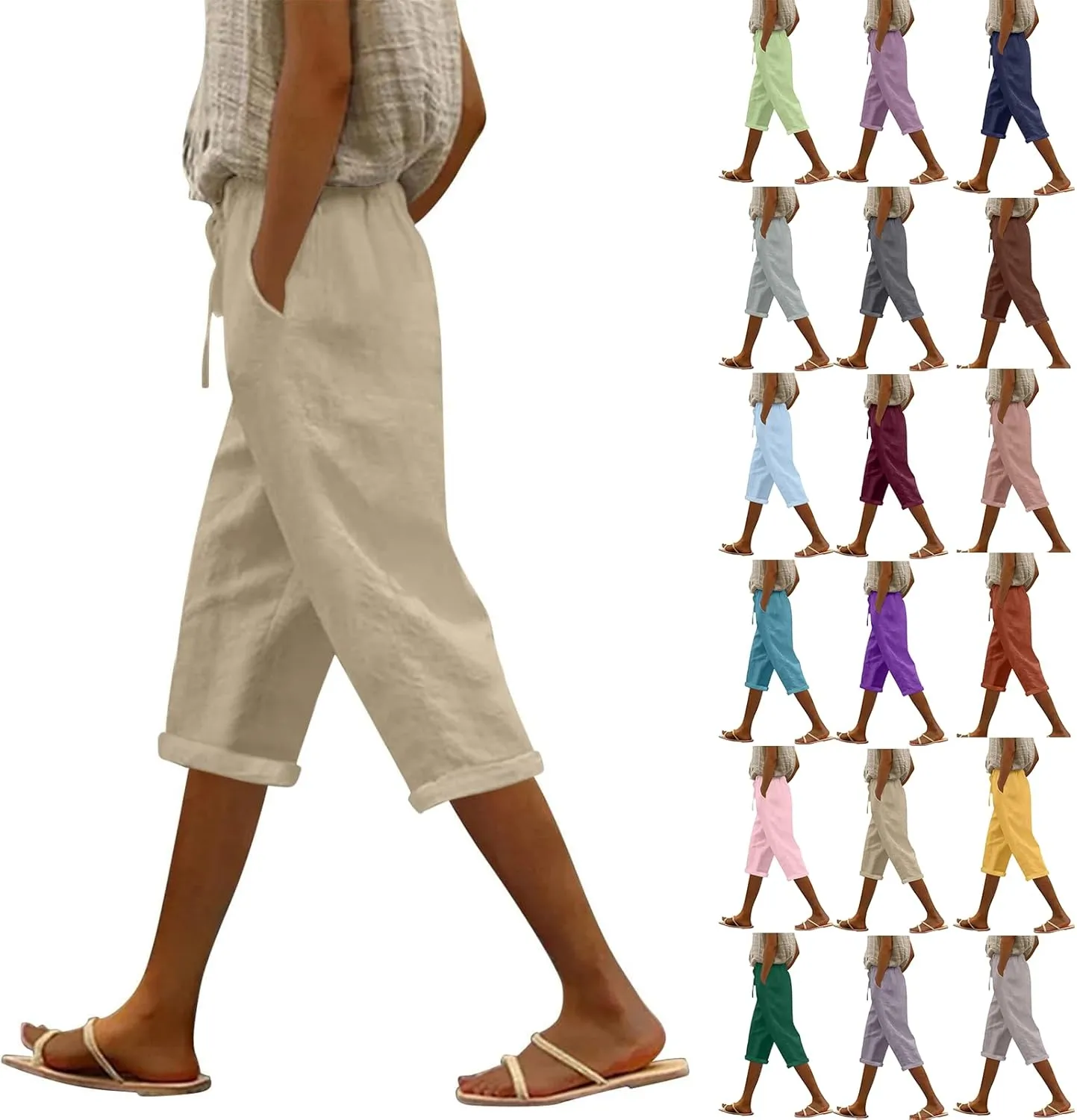 Linen Capri Pants for Women High Waisted Beach Pull on Capris Drawstring Pedal Pushers Casual Summer Pants with Pockets