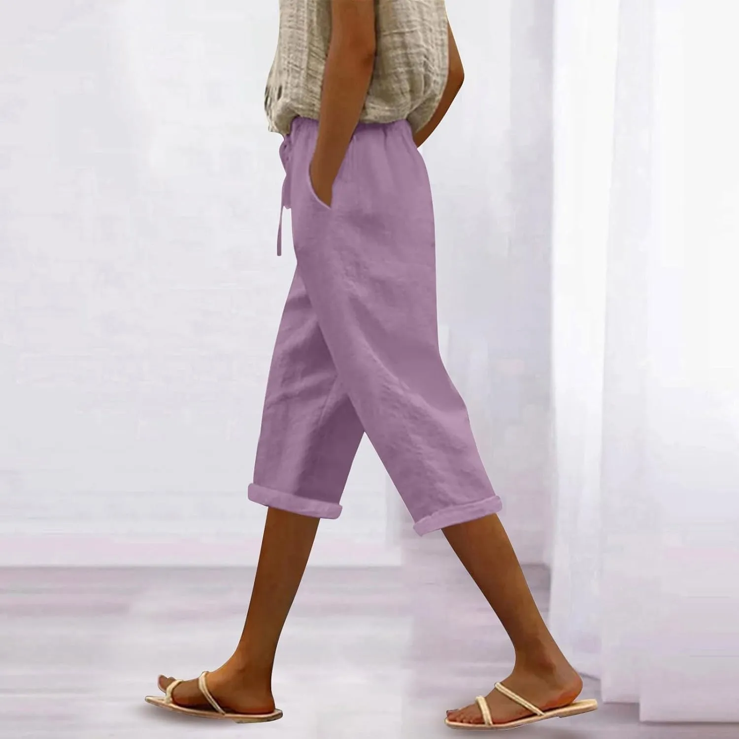 Linen Capri Pants for Women High Waisted Beach Pull on Capris Drawstring Pedal Pushers Casual Summer Pants with Pockets