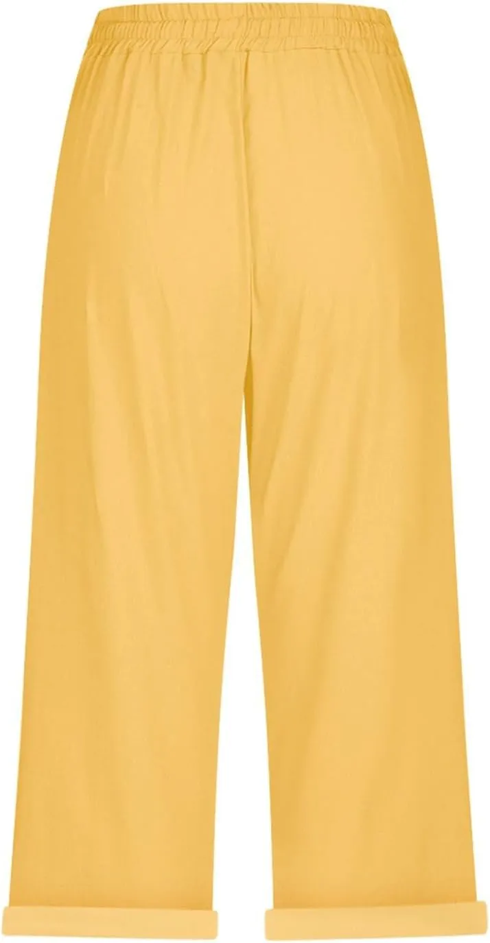 Linen Capri Pants for Women High Waisted Beach Pull on Capris Drawstring Pedal Pushers Casual Summer Pants with Pockets