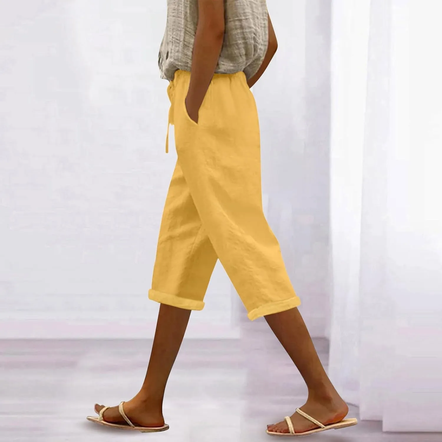 Linen Capri Pants for Women High Waisted Beach Pull on Capris Drawstring Pedal Pushers Casual Summer Pants with Pockets
