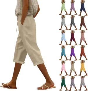 Linen Capri Pants for Women High Waisted Beach Pull on Capris Drawstring Pedal Pushers Casual Summer Pants with Pockets