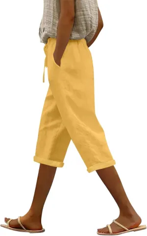 Linen Capri Pants for Women High Waisted Beach Pull on Capris Drawstring Pedal Pushers Casual Summer Pants with Pockets