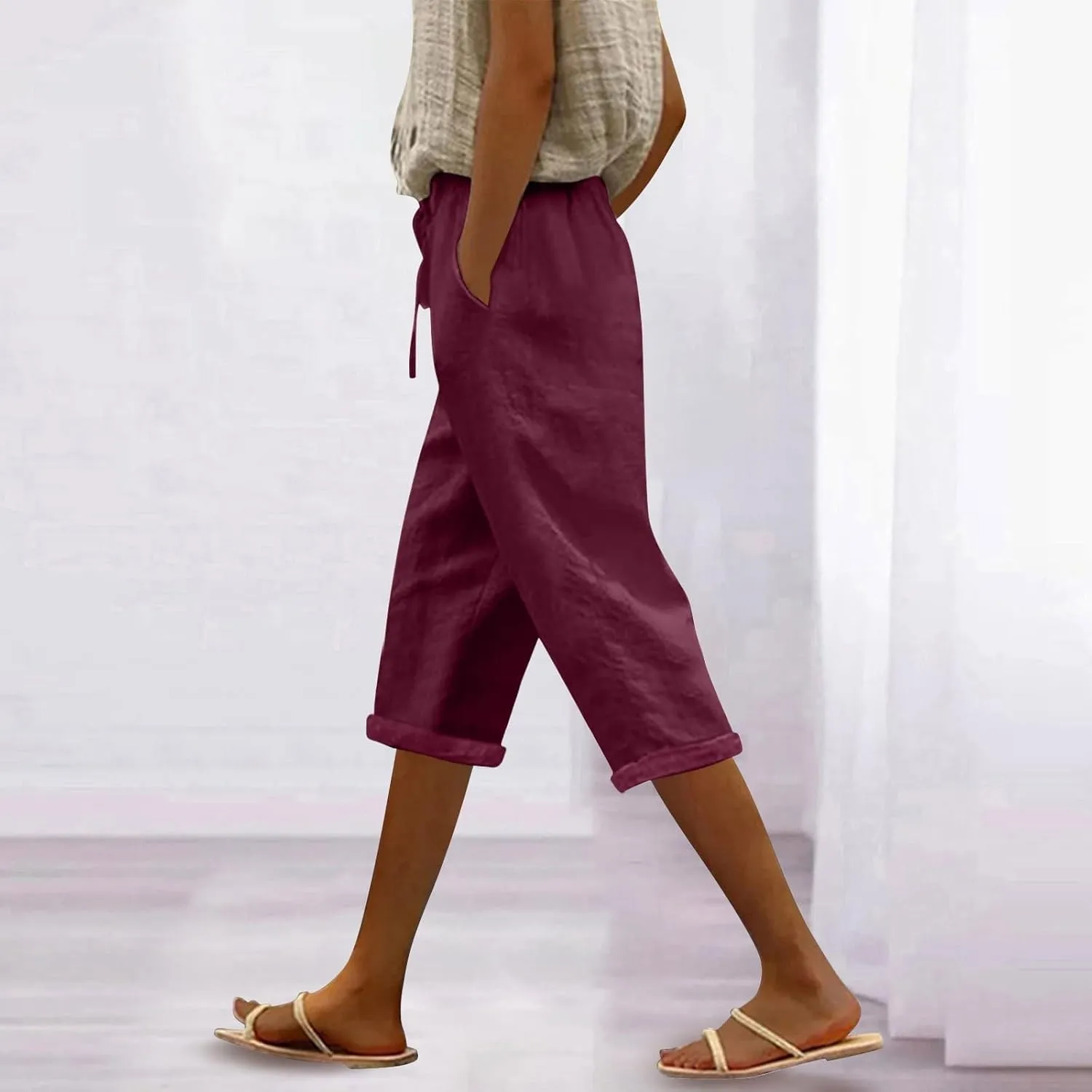 Linen Capris Pants for Women High Waisted Summer Pull on Capris Drawstring Pedal Pushers Beach Pants with Pockets