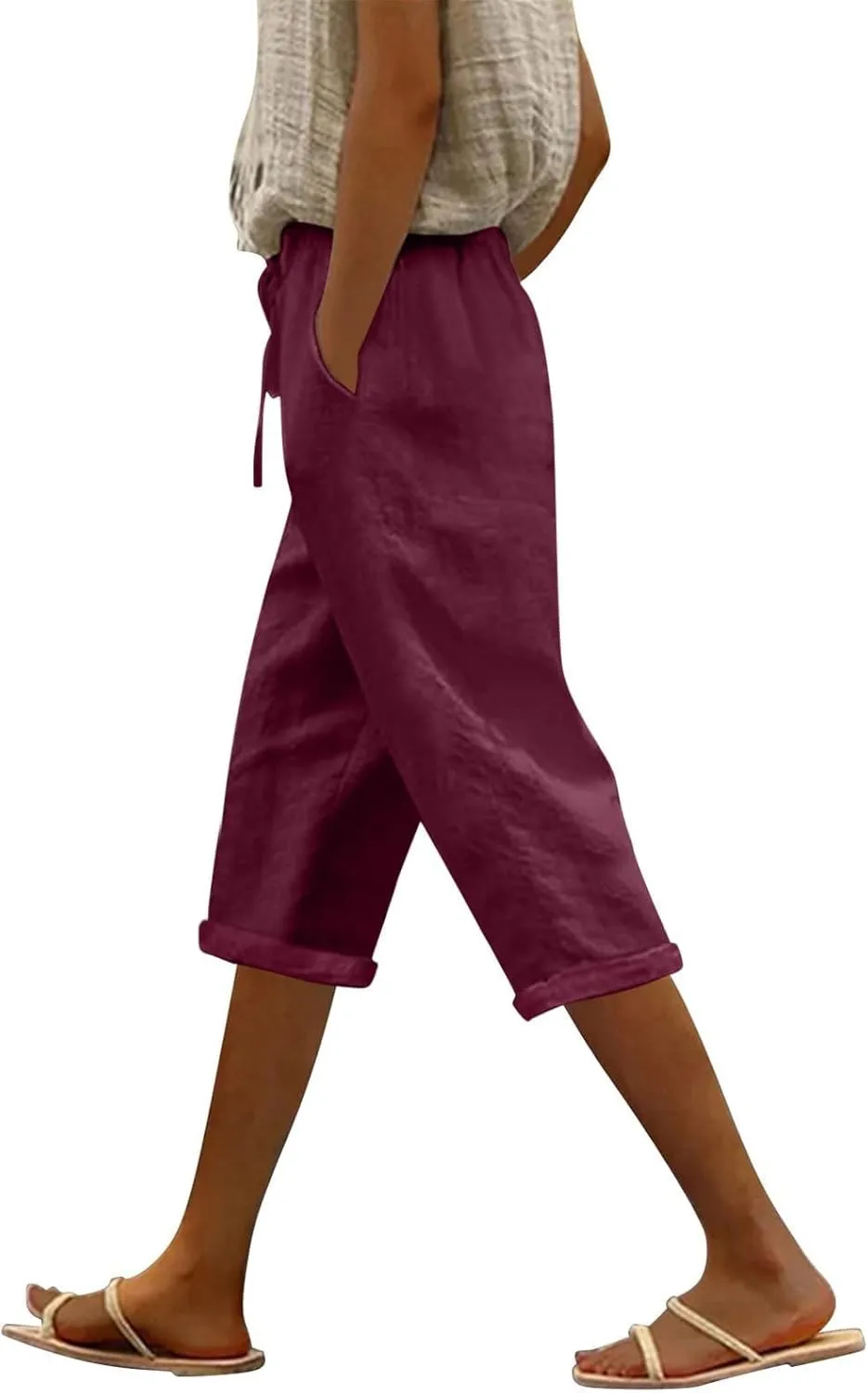Linen Capris Pants for Women High Waisted Summer Pull on Capris Drawstring Pedal Pushers Beach Pants with Pockets