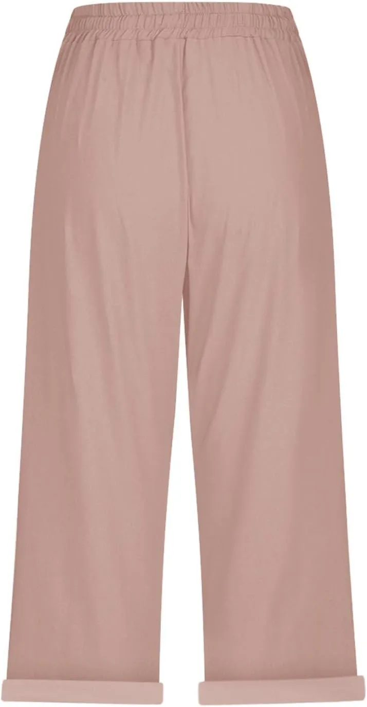 Linen Capris Pants for Women High Waisted Summer Pull on Capris Drawstring Pedal Pushers Beach Pants with Pockets