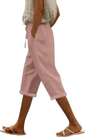 Linen Capris Pants for Women High Waisted Summer Pull on Capris Drawstring Pedal Pushers Beach Pants with Pockets