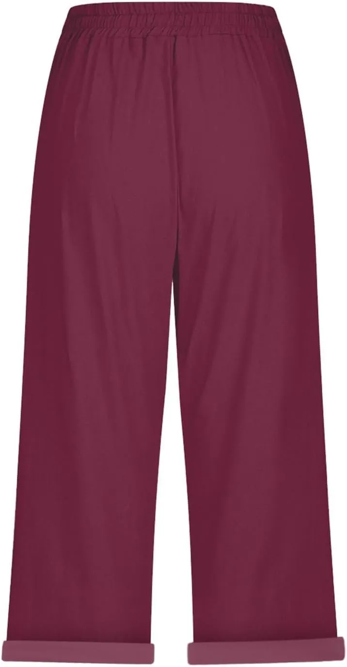 Linen Capris Pants for Women High Waisted Summer Pull on Capris Drawstring Pedal Pushers Beach Pants with Pockets