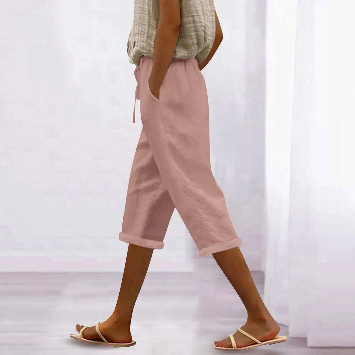 Linen Capris Pants for Women High Waisted Summer Pull on Capris Drawstring Pedal Pushers Beach Pants with Pockets