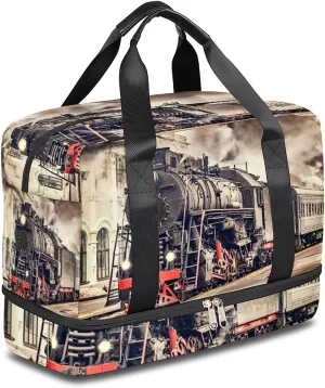 Locomotive Train Sports Gym Bag with Shoes Compartment,Vintage Express Train Travel Duffel Bag for Men Women Boys Girls Teens Overnight Weekend Yoga Workout Bag Training Handbag