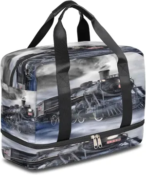 Locomotive Train Sports Gym Bag with Shoes Compartment,Vintage Retro Travel Duffel Bag for Men Women Boys Girls Teens Overnight Weekend Yoga Workout Bag Training Handbag