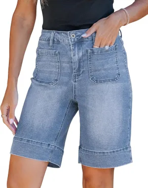 luvamia Bermuda Shorts for Women High Waisted Trendy Patch Pocket Casual Vintage Long Stretchy Denim Shorts Summer Jorts