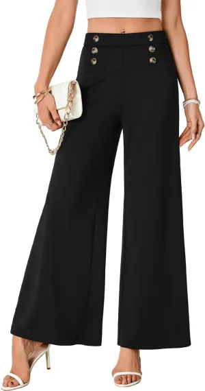 LYANER Women's Casual Wide Leg Pants High Waist Elastic Side Zipped Palazzo Business Trousers with Button Decorated