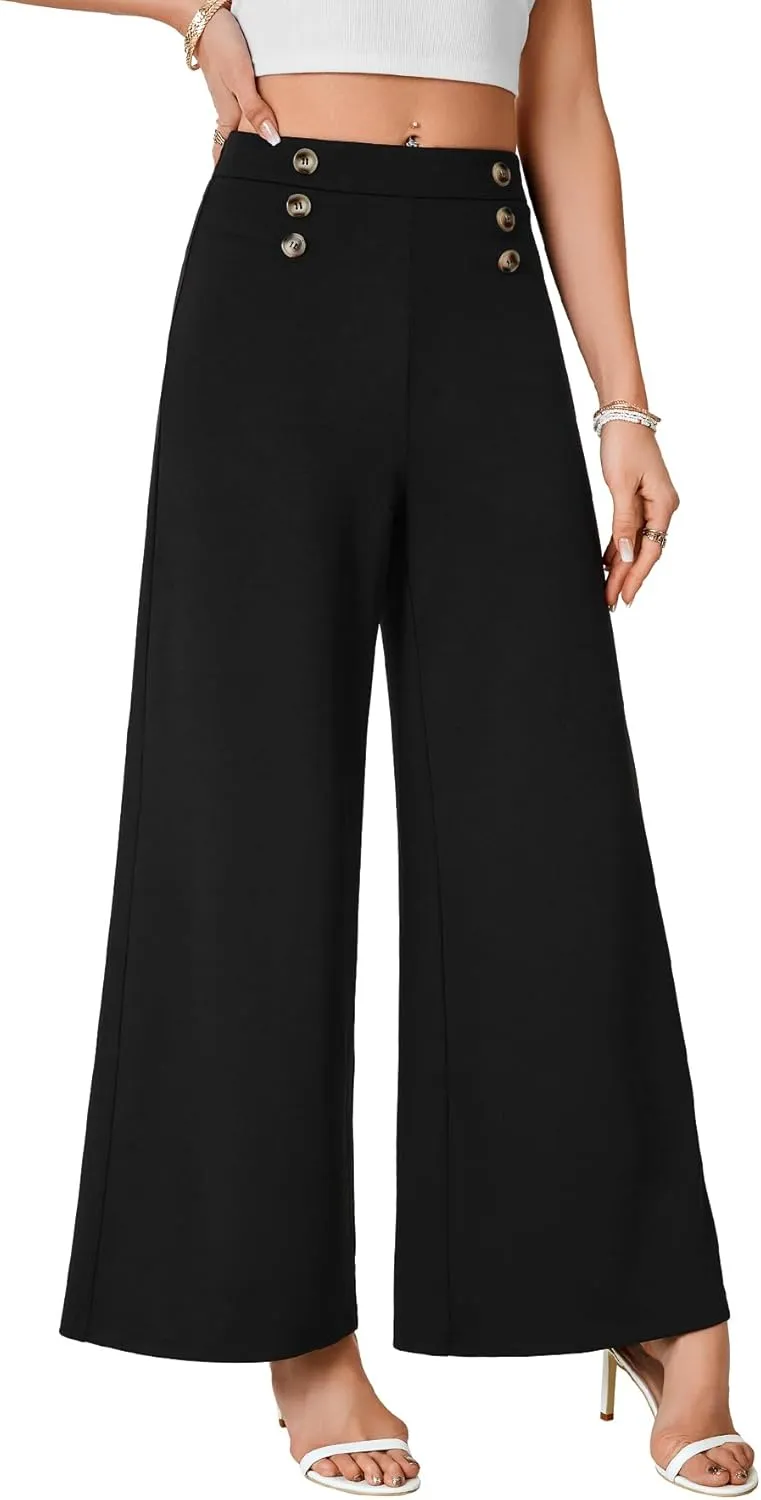 LYANER Women's Casual Wide Leg Pants High Waist Elastic Side Zipped Palazzo Business Trousers with Button Decorated
