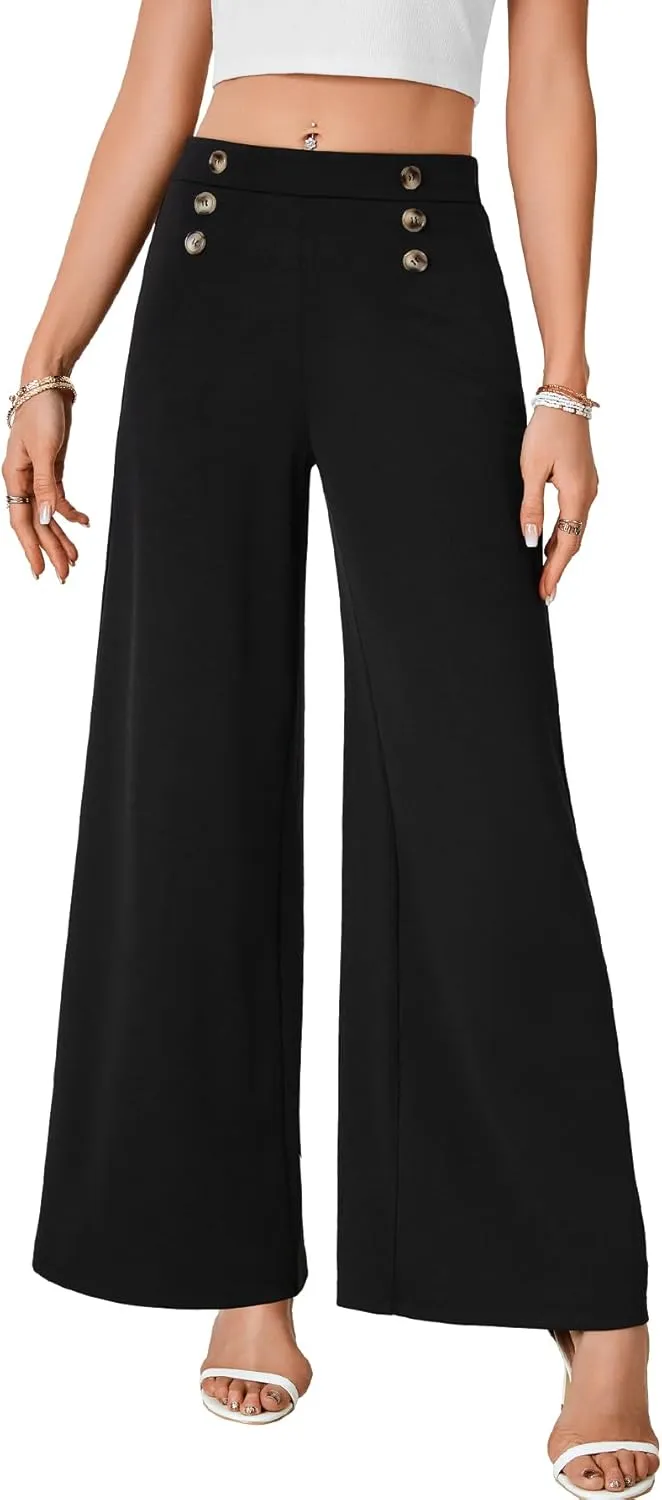 LYANER Women's Casual Wide Leg Pants High Waist Elastic Side Zipped Palazzo Business Trousers with Button Decorated