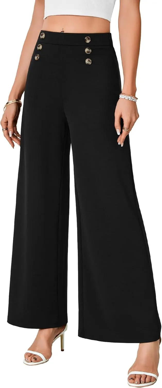 LYANER Women's Casual Wide Leg Pants High Waist Elastic Side Zipped Palazzo Business Trousers with Button Decorated