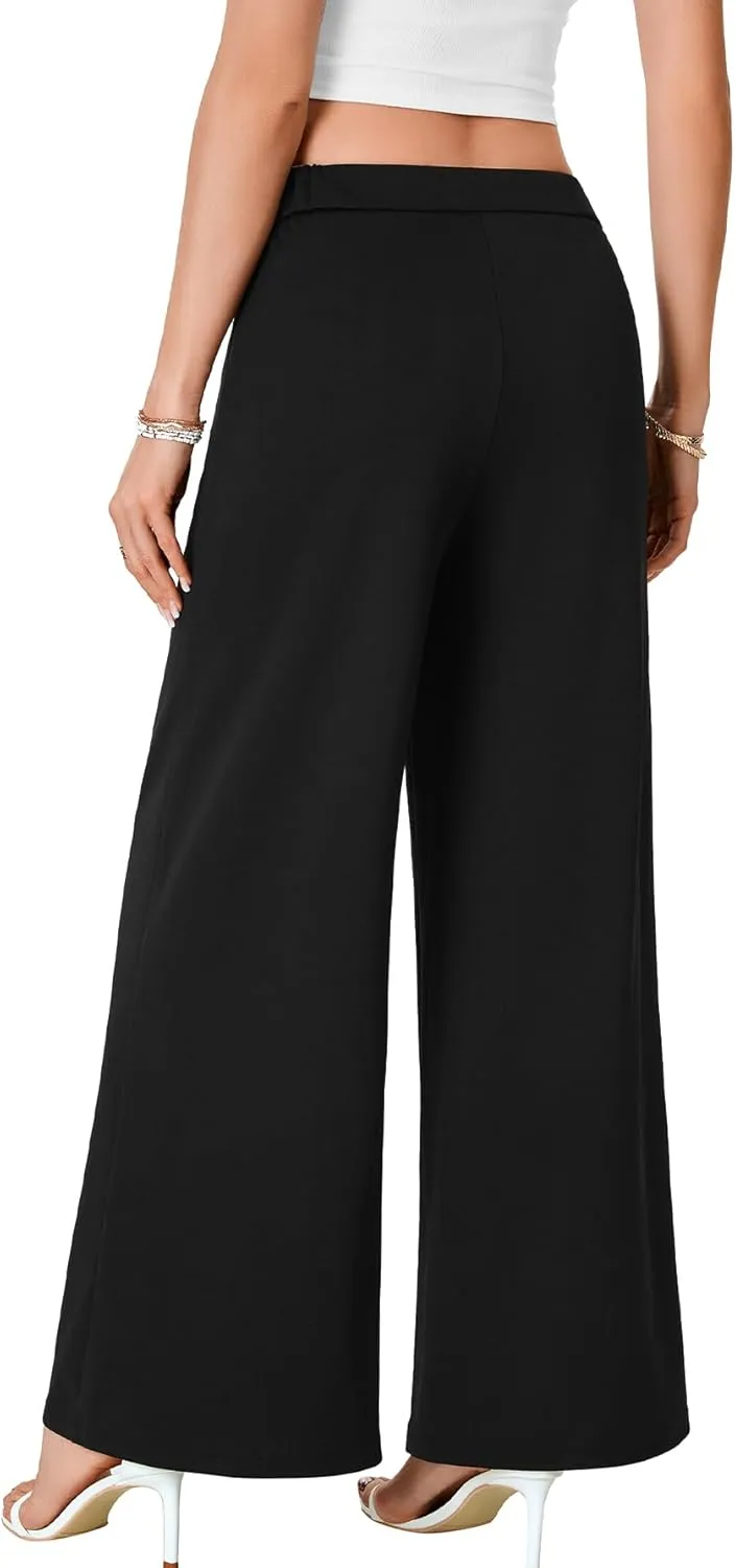 LYANER Women's Casual Wide Leg Pants High Waist Elastic Side Zipped Palazzo Business Trousers with Button Decorated