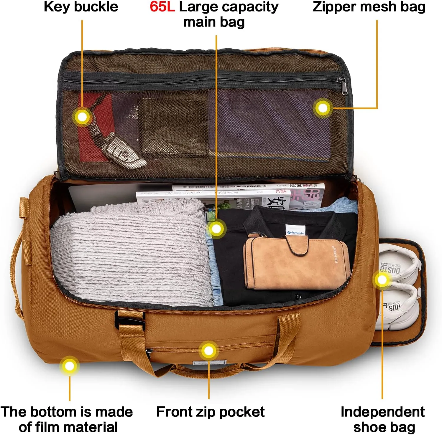 Lyweem Travel Duffle Bag for Men 60L Medium Lightweight Sports Gym Bag Traveling Duffel Backpack for Women Weekender Overnight Bags with Shoes Compartment, Brown, Brown-II, 60L