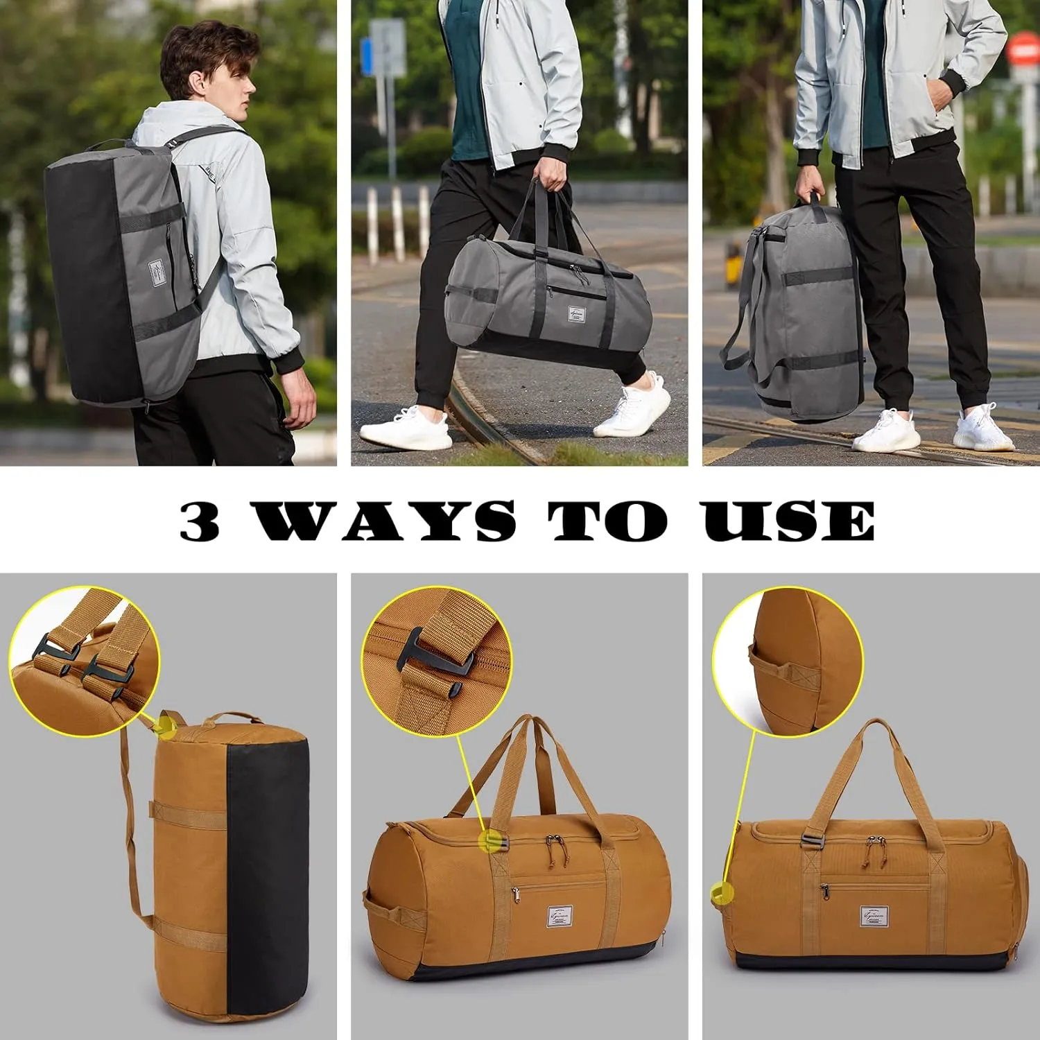 Lyweem Travel Duffle Bag for Men 60L Medium Lightweight Sports Gym Bag Traveling Duffel Backpack for Women Weekender Overnight Bags with Shoes Compartment, Brown, Brown-II, 60L