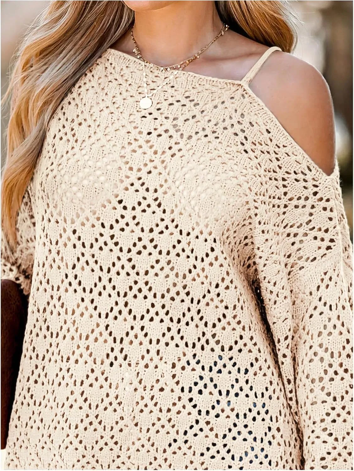 MakeMeChic Women's Oversized Cold Shoulder Hollow Out Pullover Sweaters Long Sleeve Knit Crochet Top