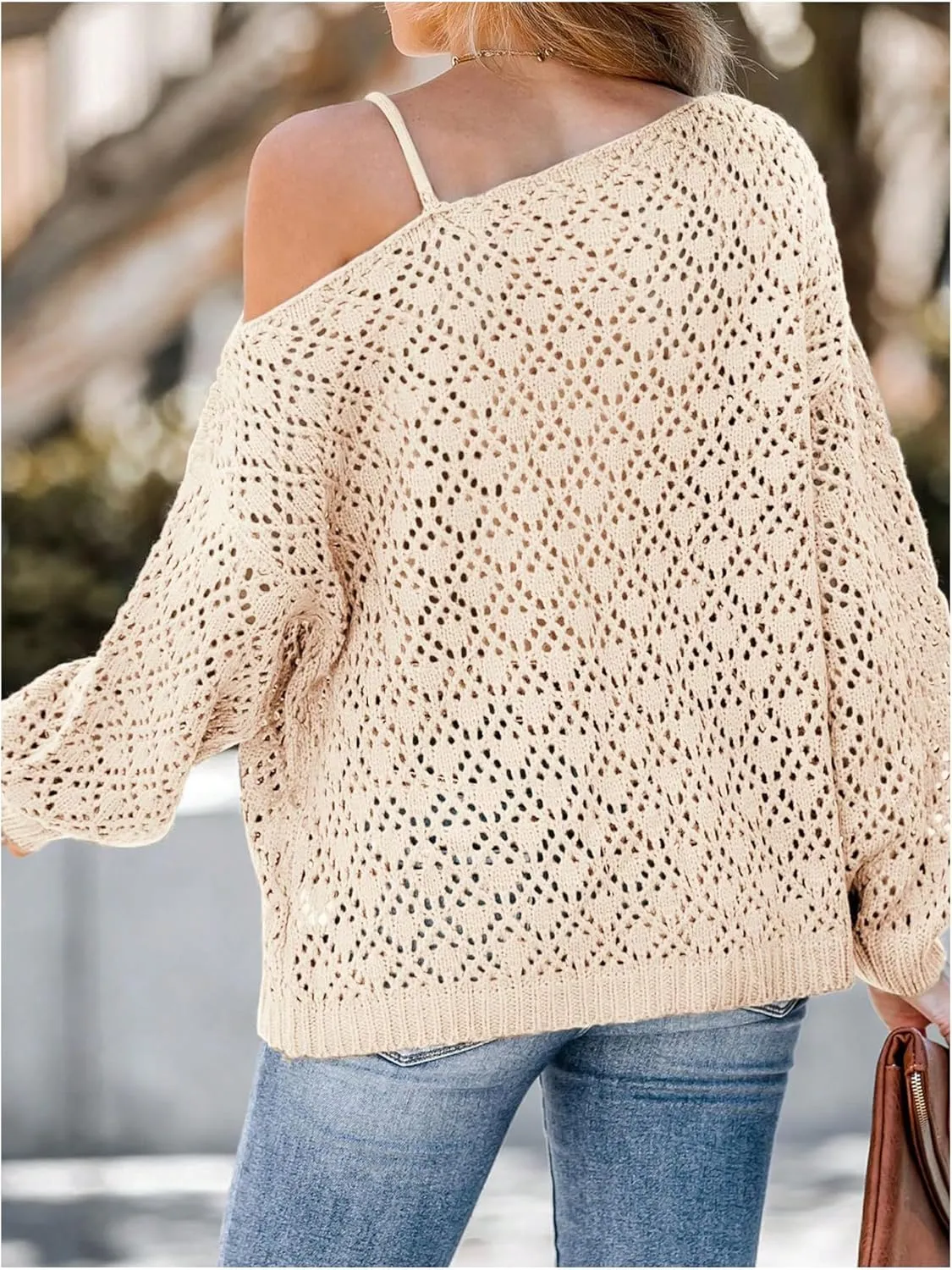 MakeMeChic Women's Oversized Cold Shoulder Hollow Out Pullover Sweaters Long Sleeve Knit Crochet Top