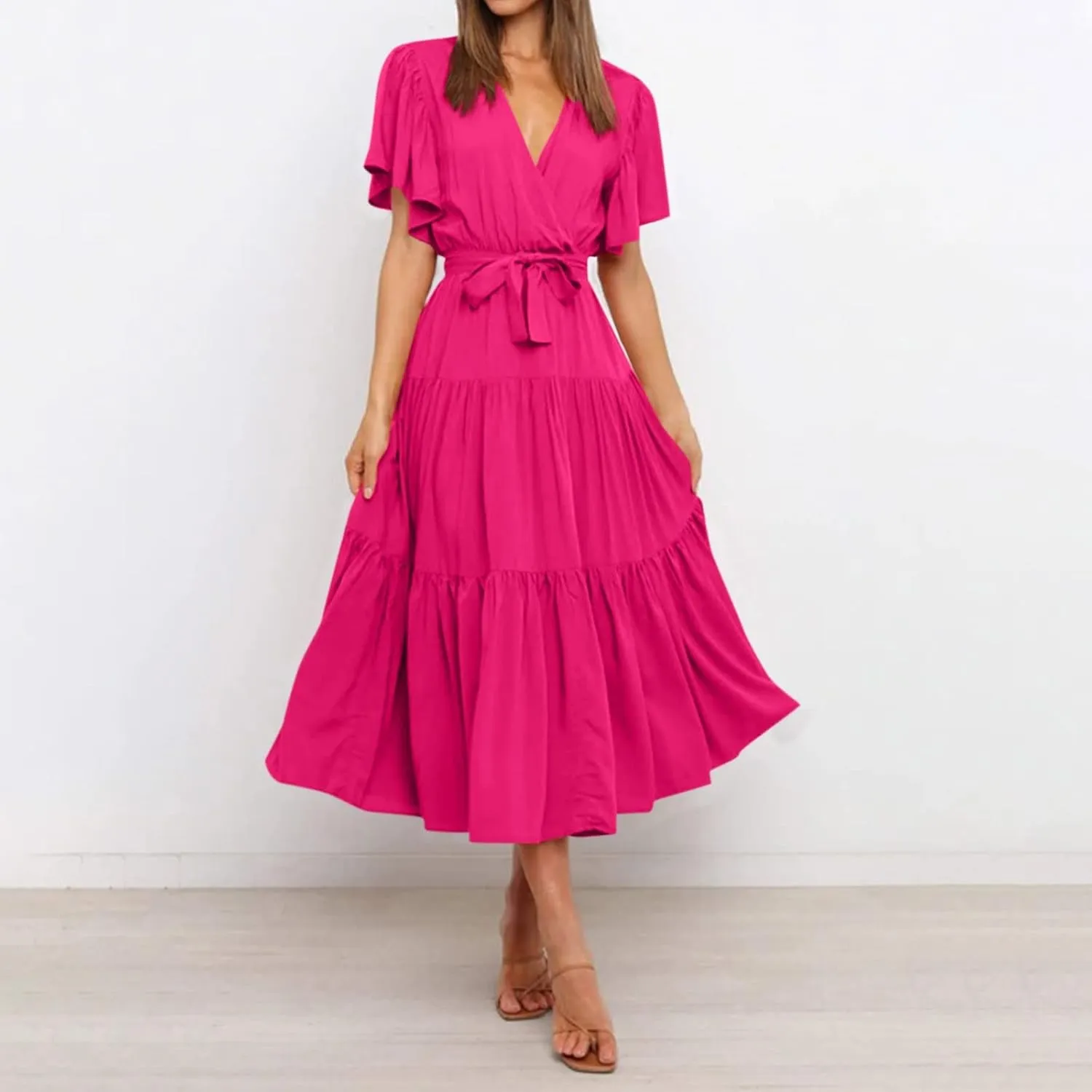 Maxi Dress for Women,2024 Summer Elegant V Neck Short Sleeve Beach Dress, Trendy Flowy Tiered A-Line Boho Dress
