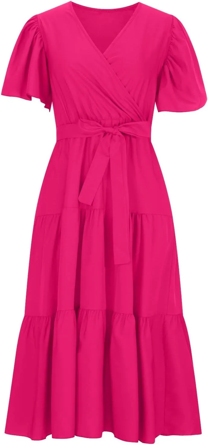 Maxi Dress for Women,2024 Summer Elegant V Neck Short Sleeve Beach Dress, Trendy Flowy Tiered A-Line Boho Dress