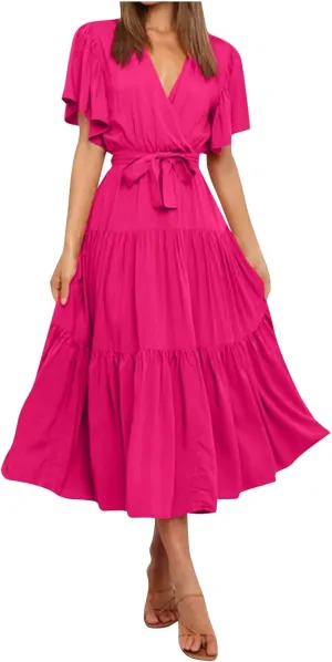 Maxi Dress for Women,2024 Summer Elegant V Neck Short Sleeve Beach Dress, Trendy Flowy Tiered A-Line Boho Dress
