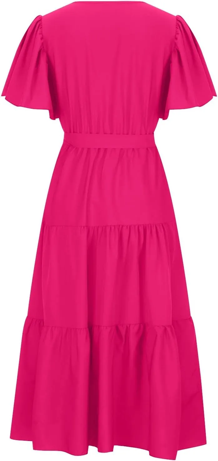 Maxi Dress for Women,2024 Summer Elegant V Neck Short Sleeve Beach Dress, Trendy Flowy Tiered A-Line Boho Dress
