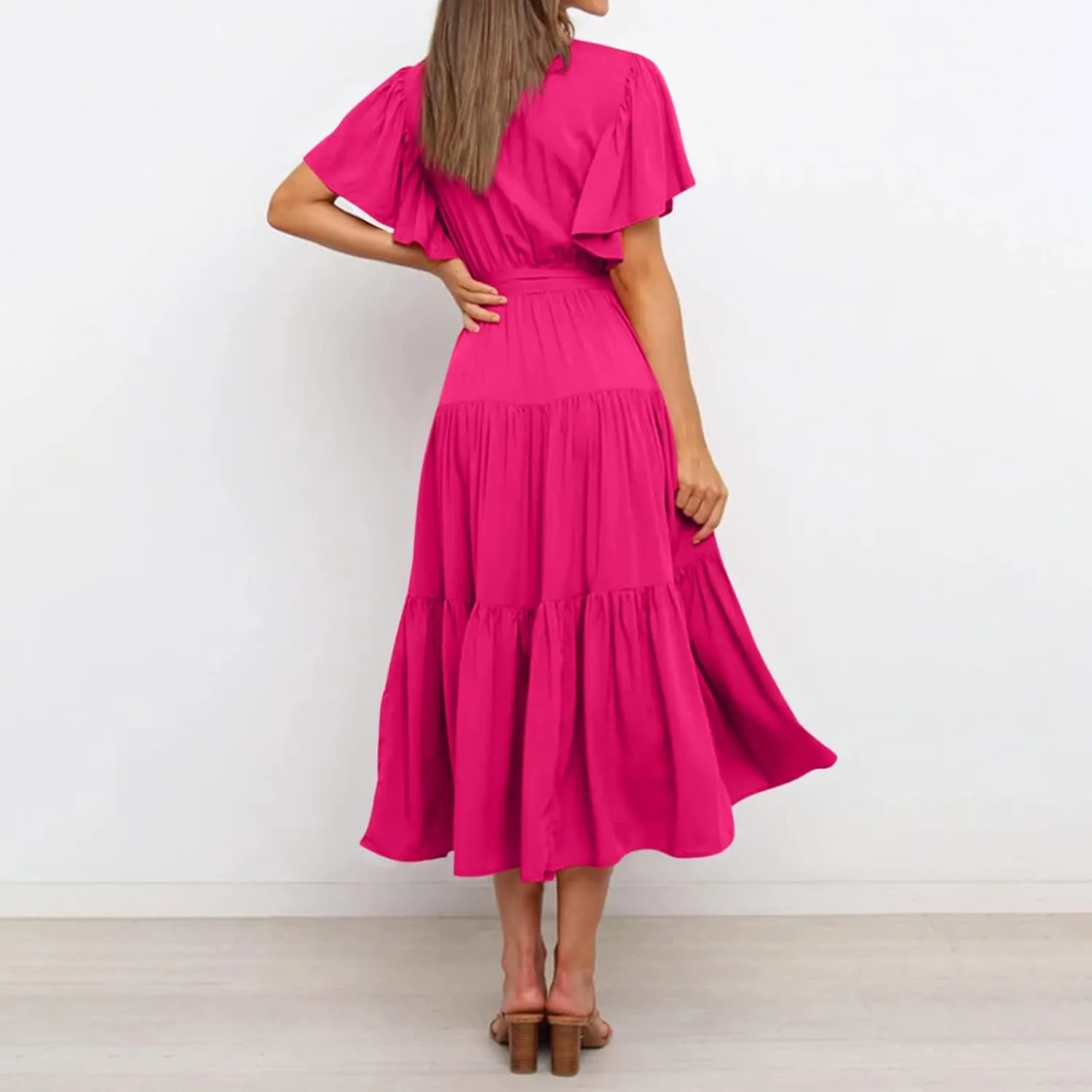 Maxi Dress for Women,2024 Summer Elegant V Neck Short Sleeve Beach Dress, Trendy Flowy Tiered A-Line Boho Dress