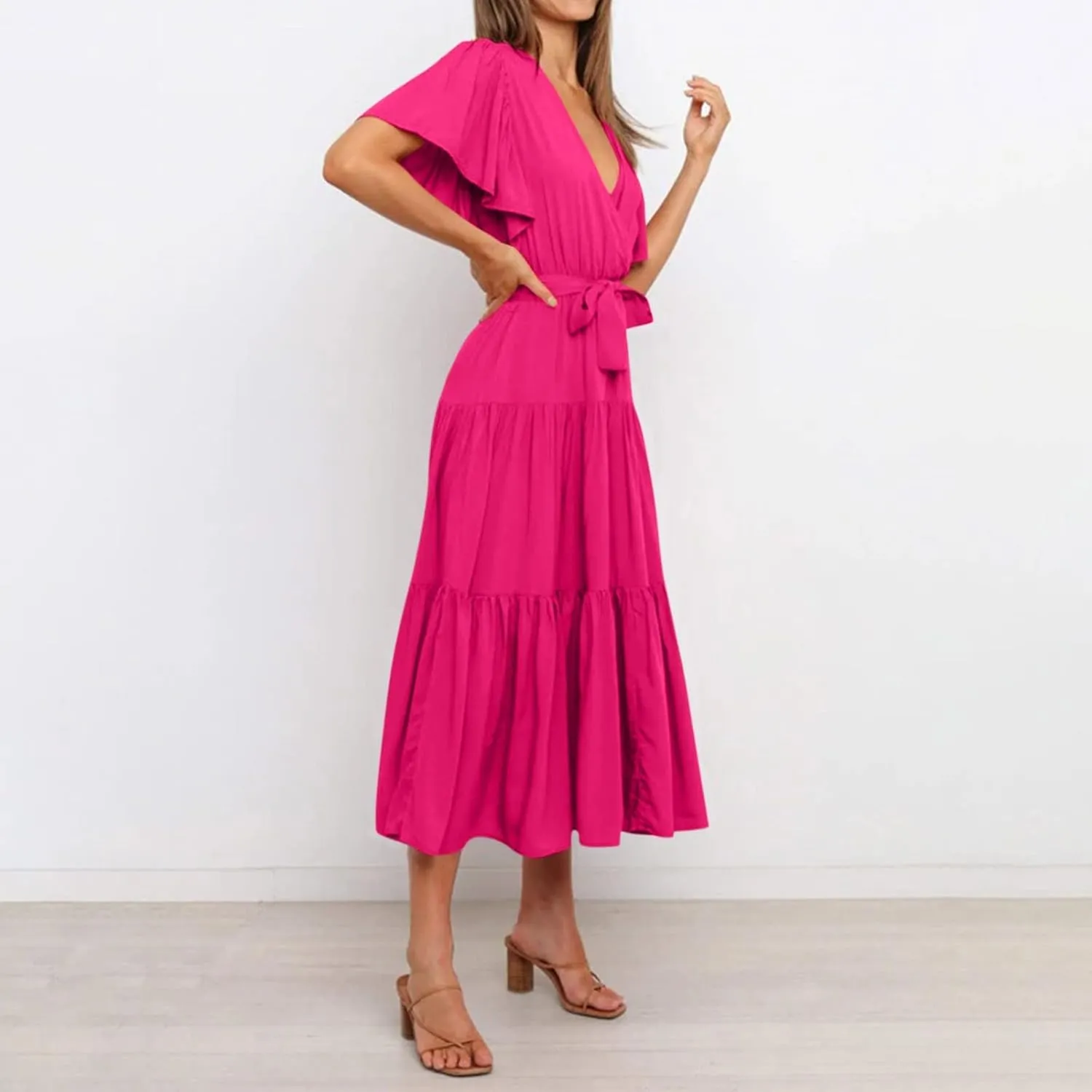 Maxi Dress for Women,2024 Summer Elegant V Neck Short Sleeve Beach Dress, Trendy Flowy Tiered A-Line Boho Dress