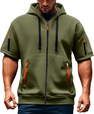 Men's Cargo Tactical Hoodies Short Sleeve Hooded Full Zip Sweatshirts Gym Athletic Outdoor Pullover Tops