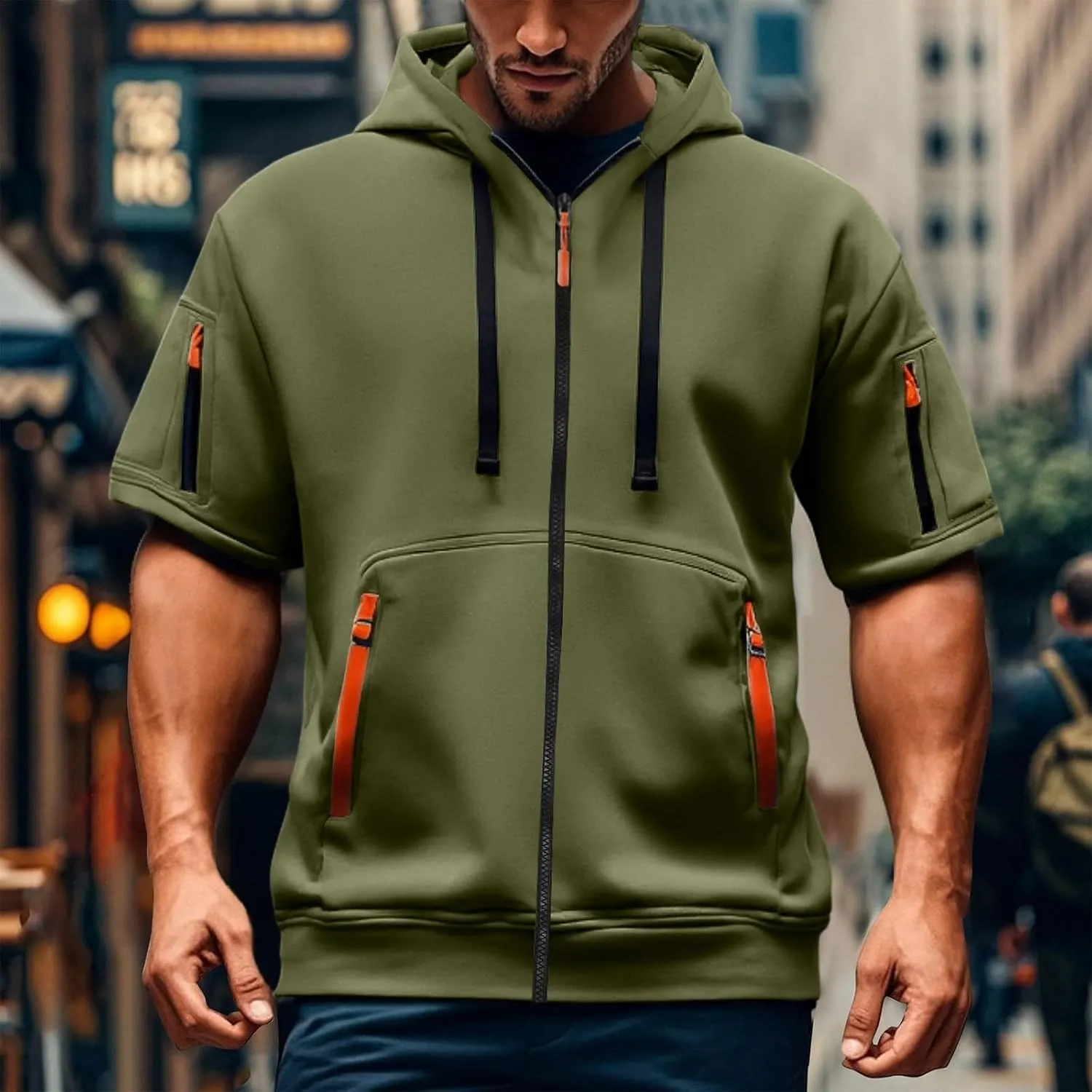 Men's Cargo Tactical Hoodies Short Sleeve Hooded Full Zip Sweatshirts Gym Athletic Outdoor Pullover Tops