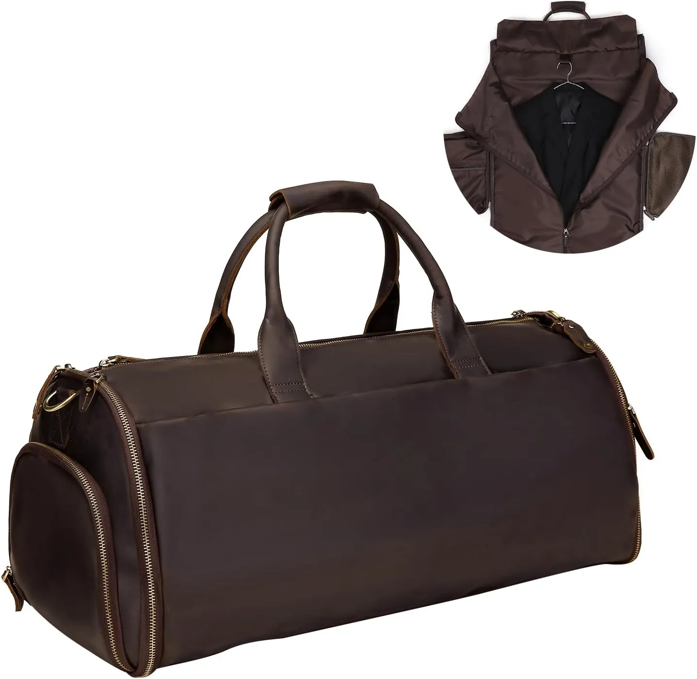 Mens Garment Bag,Convertible Carry On Garment Bags for Travel with Shoe Pouch, Full Grain Leather Duffle Bag for Men,2 in 1 Hanging Suitcase Suit Business Travel Bag, Gifts for Men