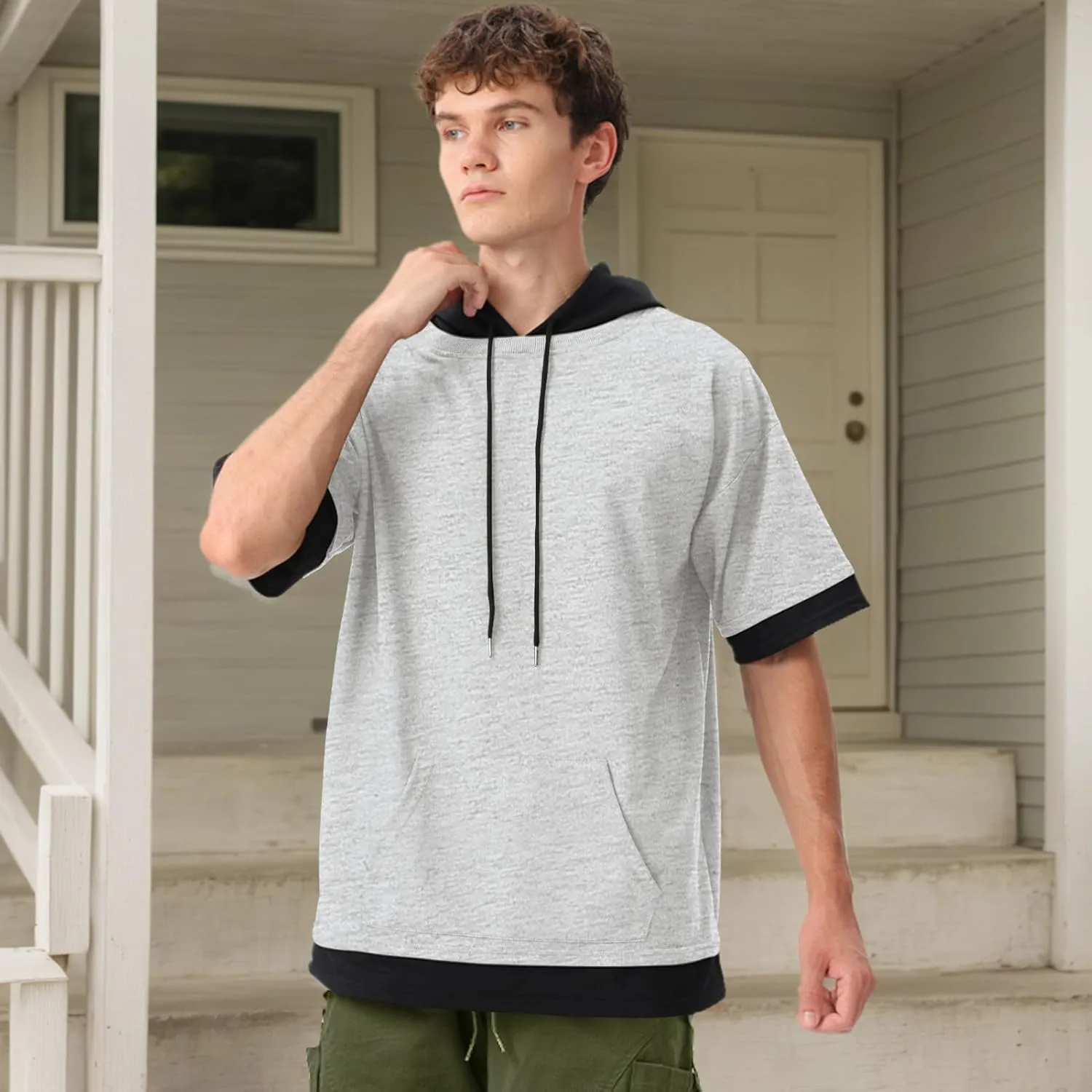 Mens Short Sleeve Hoodie Soft Cotton Color Block Moisture Wicking Big Pocket Streetwear Sweatshirt T-Shirt