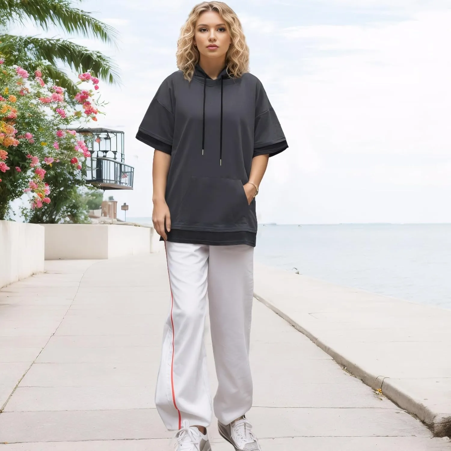 Mens Short Sleeve Hoodie Soft Cotton Color Block Moisture Wicking Big Pocket Streetwear Sweatshirt T-Shirt
