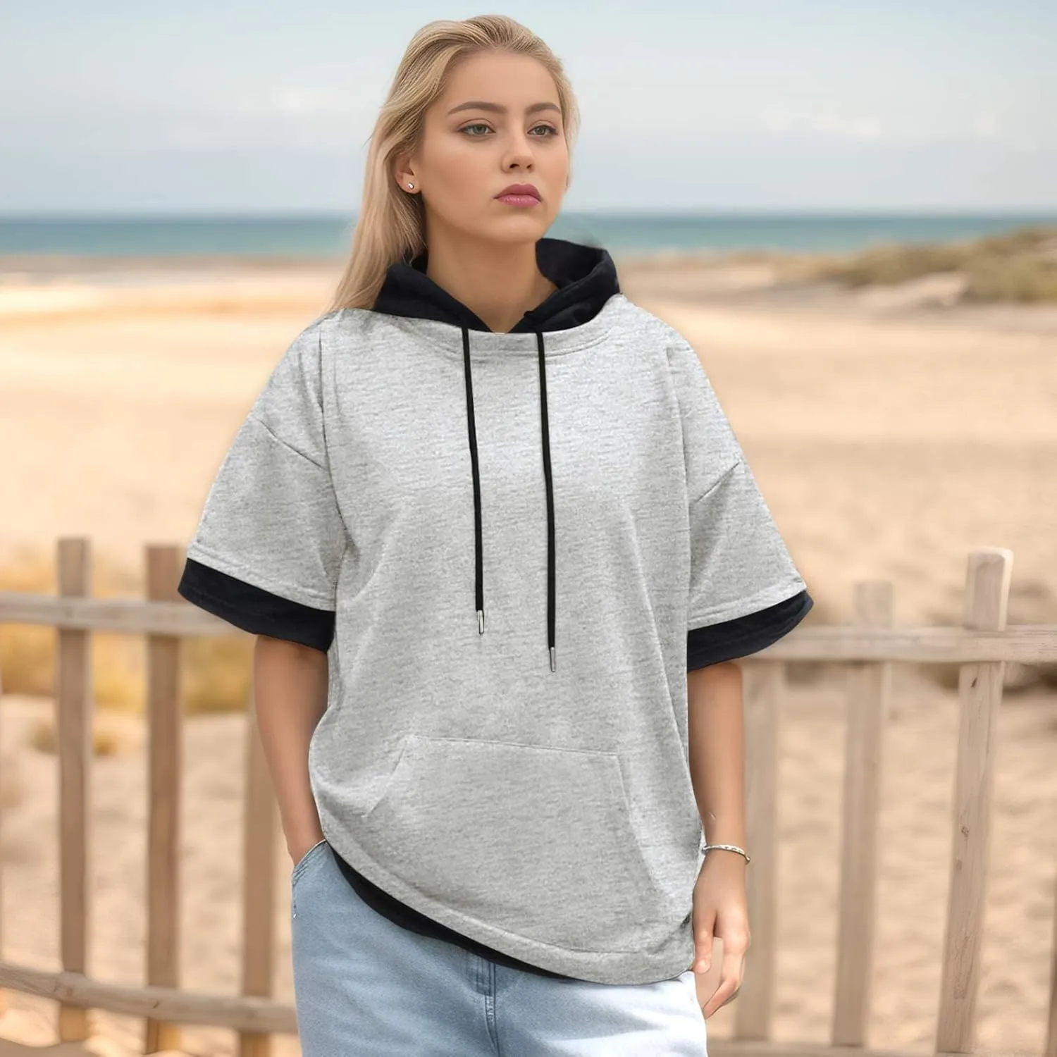 Mens Short Sleeve Hoodie Soft Cotton Color Block Moisture Wicking Big Pocket Streetwear Sweatshirt T-Shirt