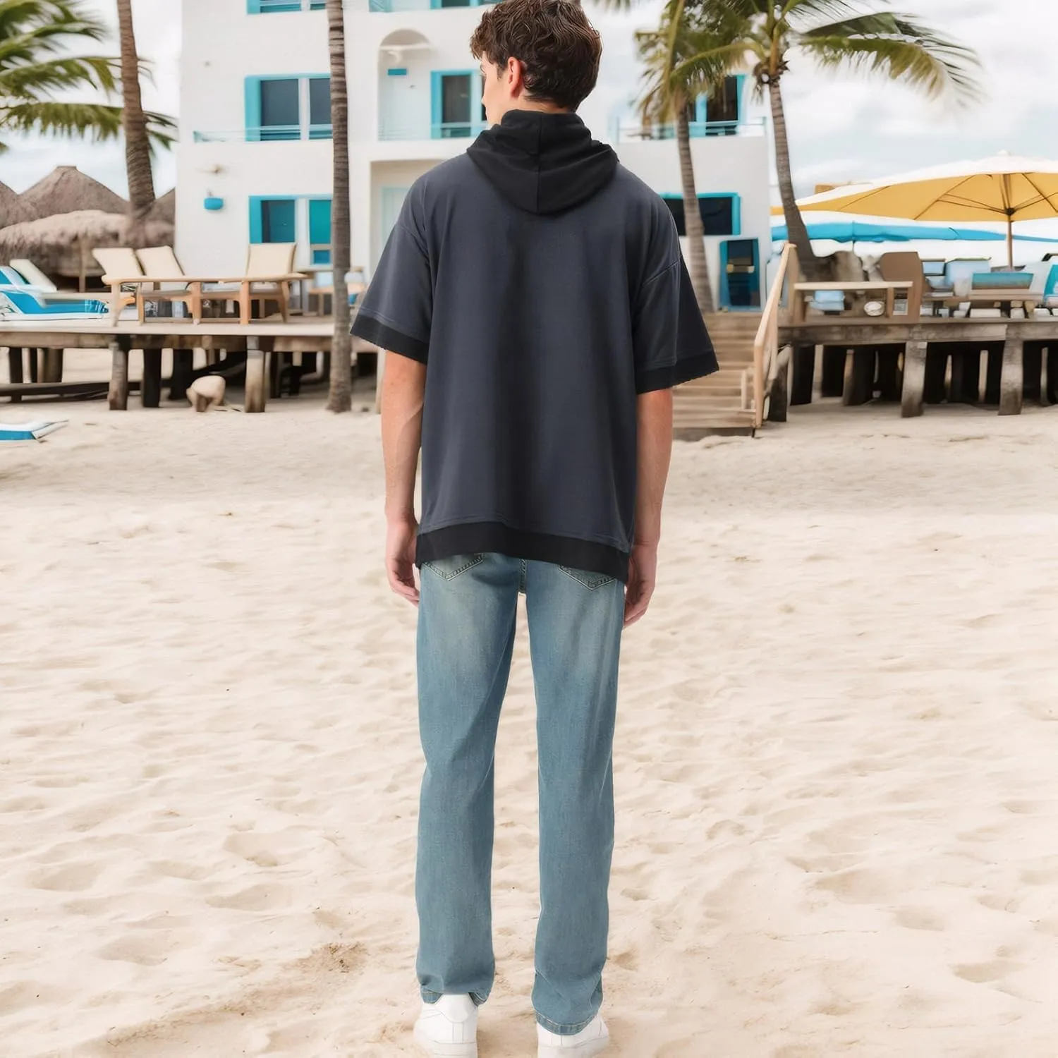 Mens Short Sleeve Hoodie Soft Cotton Color Block Moisture Wicking Big Pocket Streetwear Sweatshirt T-Shirt