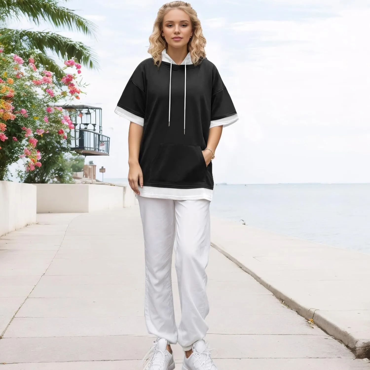 Mens Short Sleeve Hoodie Soft Cotton Color Block Moisture Wicking Big Pocket Streetwear Sweatshirt T-Shirt