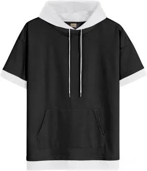 Mens Short Sleeve Hoodie Soft Cotton Color Block Moisture Wicking Big Pocket Streetwear Sweatshirt T-Shirt